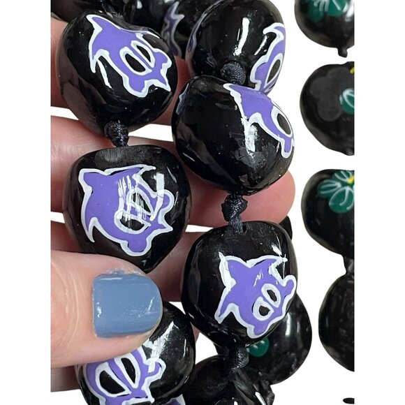 Kukui Nut Lei Necklace Hand Painted Hawaii Flowers Turtle Ribbon Ties Lot Of 3 - Picture 5 of 7